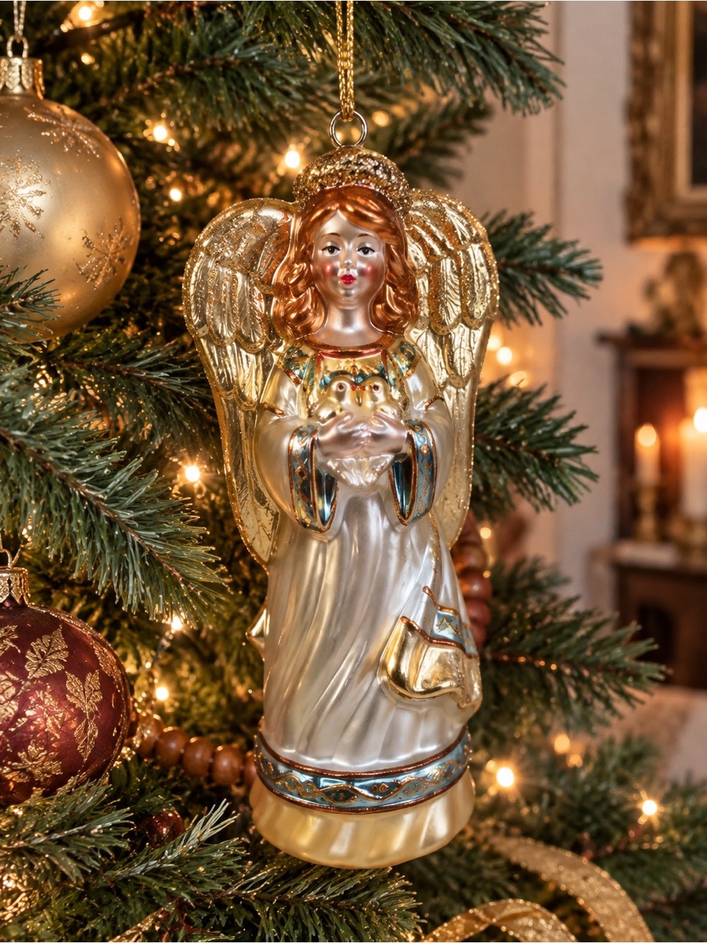 Vintage Glass Angel Christmas Ornament Traditional Gold Religious Holiday Decor